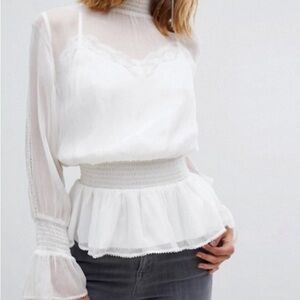 All Saints White Peplum Smocked Blouse